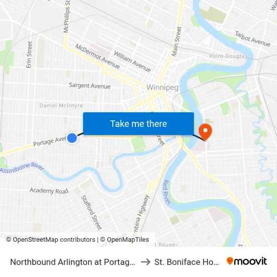 Northbound Arlington at Portage South to St. Boniface Hospital map