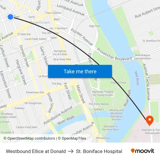Westbound Ellice at Donald to St. Boniface Hospital map