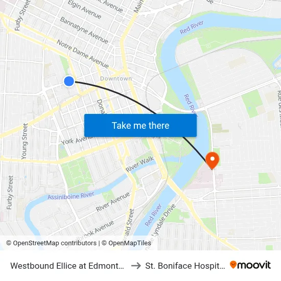Westbound Ellice at Edmonton to St. Boniface Hospital map