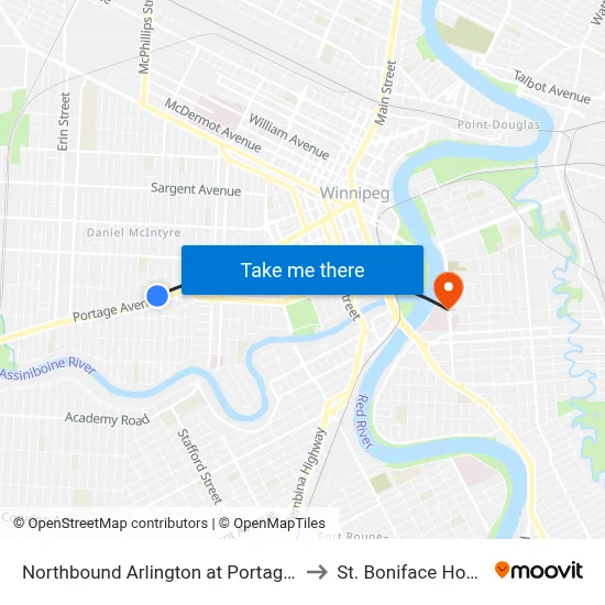 Northbound Arlington at Portage North to St. Boniface Hospital map