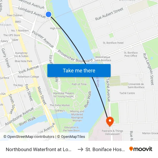 Northbound Waterfront at Lombard to St. Boniface Hospital map