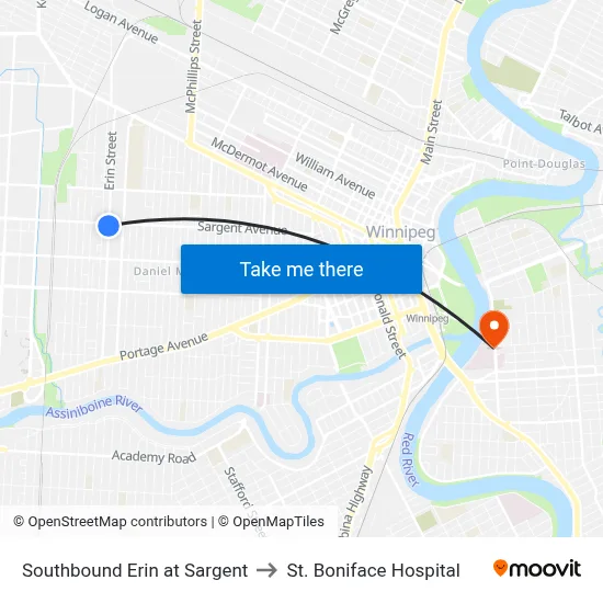 Southbound Erin at Sargent to St. Boniface Hospital map