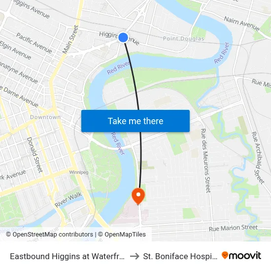 Eastbound Higgins at Waterfront to St. Boniface Hospital map