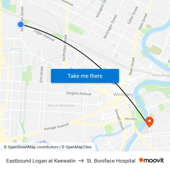 Eastbound Logan at Keewatin to St. Boniface Hospital map