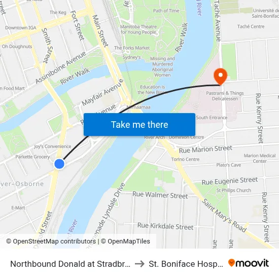 Northbound Donald at Stradbrook to St. Boniface Hospital map