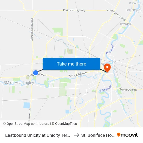 Eastbound Unicity at Unicity Terminal (70) to St. Boniface Hospital map