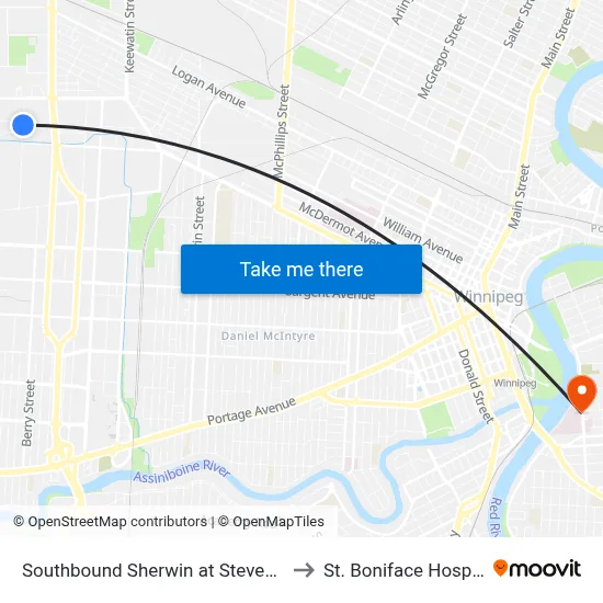 Southbound Sherwin at Stevenson to St. Boniface Hospital map