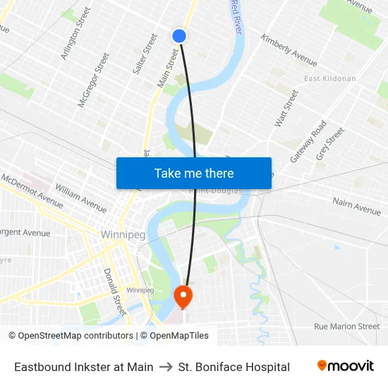 Eastbound Inkster at Main to St. Boniface Hospital map