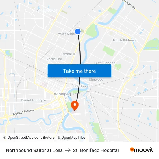 Northbound Salter at Leila to St. Boniface Hospital map