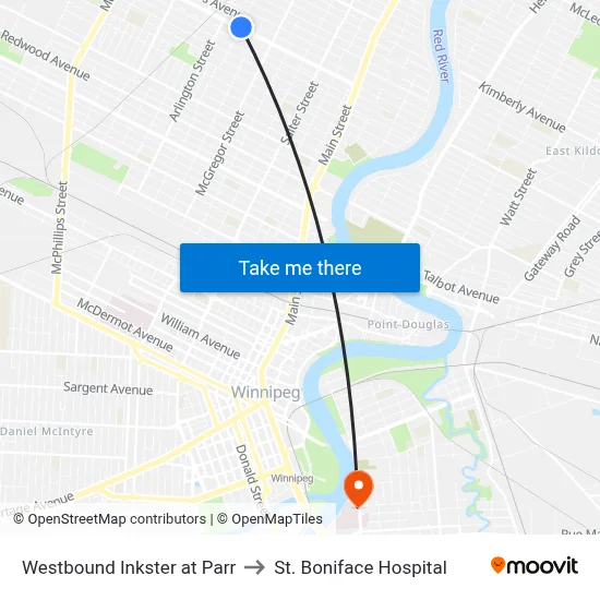 Westbound Inkster at Parr to St. Boniface Hospital map
