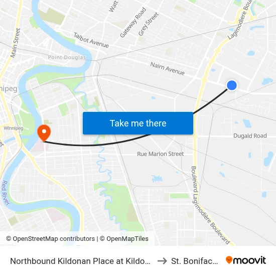 Northbound Kildonan Place at Kildonan Place Hub (38, 446) to St. Boniface Hospital map