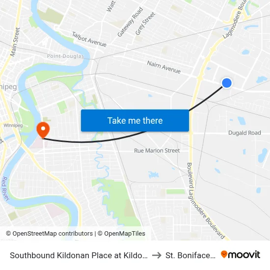 Southbound Kildonan Place at Kildonan Place Hub (D17) to St. Boniface Hospital map