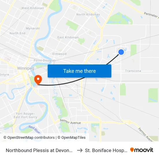 Northbound Plessis at Devonshire to St. Boniface Hospital map