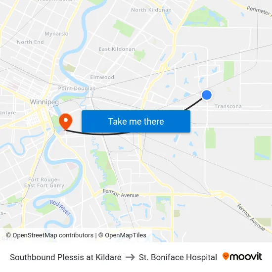 Southbound Plessis at Kildare to St. Boniface Hospital map