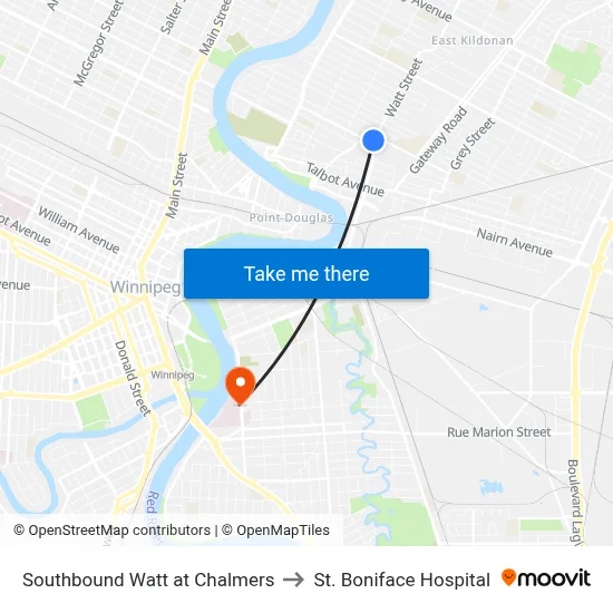 Southbound Watt at Chalmers to St. Boniface Hospital map