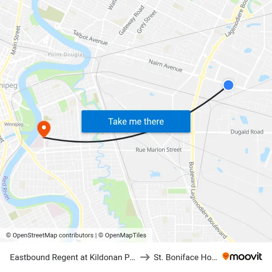 Eastbound Regent at Kildonan Place Hub to St. Boniface Hospital map