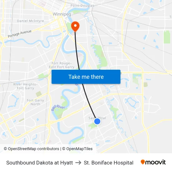 Southbound Dakota at Hyatt to St. Boniface Hospital map