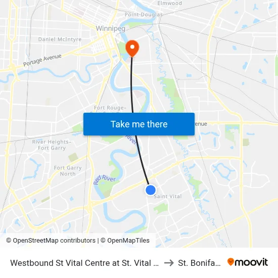Westbound St Vital Centre at St. Vital Centre Hub (676 To Creek Bend) to St. Boniface Hospital map