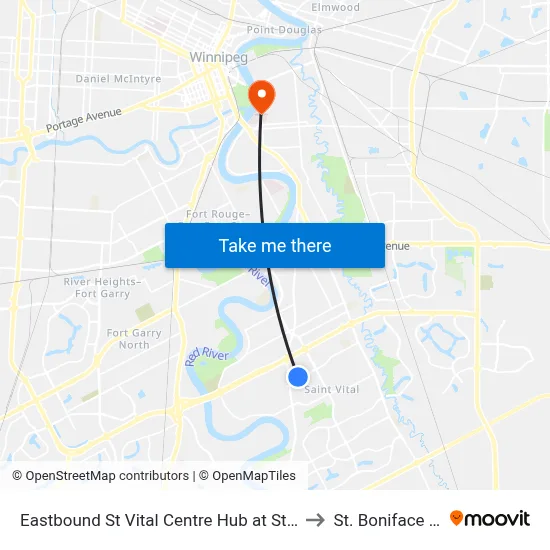 Eastbound St Vital Centre Hub at St. Vital Centre (Fx2) to St. Boniface Hospital map