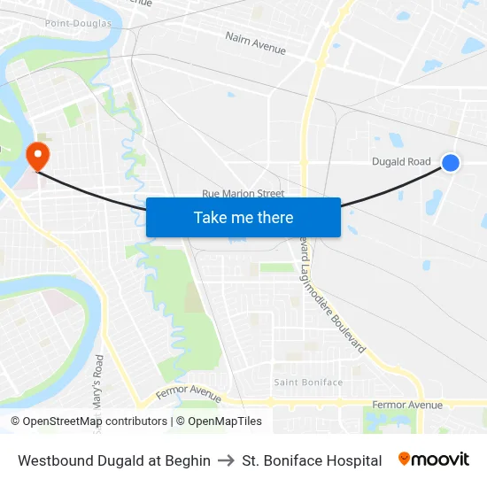Westbound Dugald at Beghin to St. Boniface Hospital map