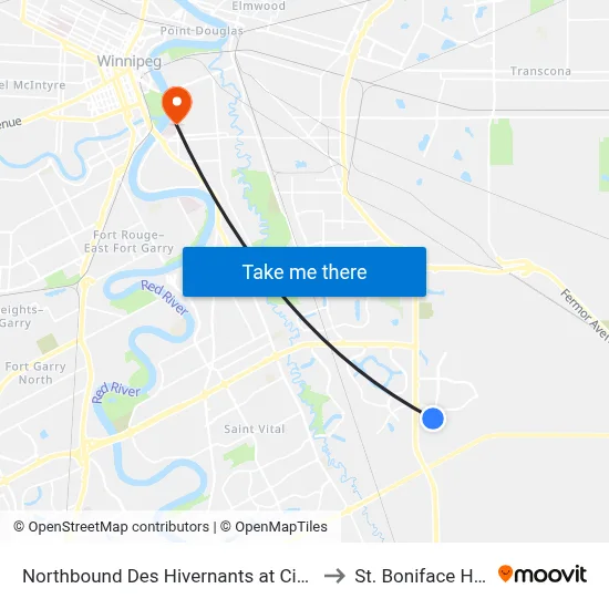 Northbound Des Hivernants at Cinnamon Teal to St. Boniface Hospital map