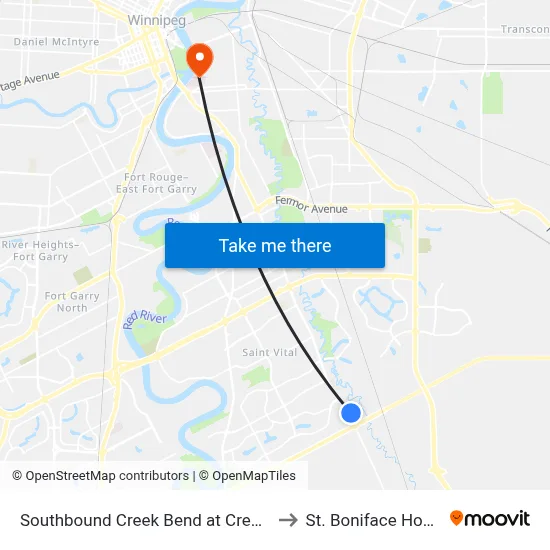Southbound Creek Bend at Creek Bend to St. Boniface Hospital map