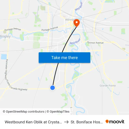 Westbound Ken Oblik at Crystal Lake to St. Boniface Hospital map