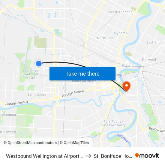 Westbound Wellington at Airport Terminal to St. Boniface Hospital map