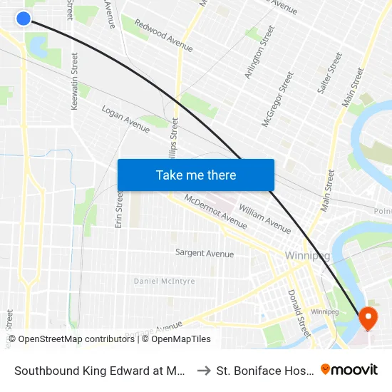 Southbound King Edward at Manitoba to St. Boniface Hospital map