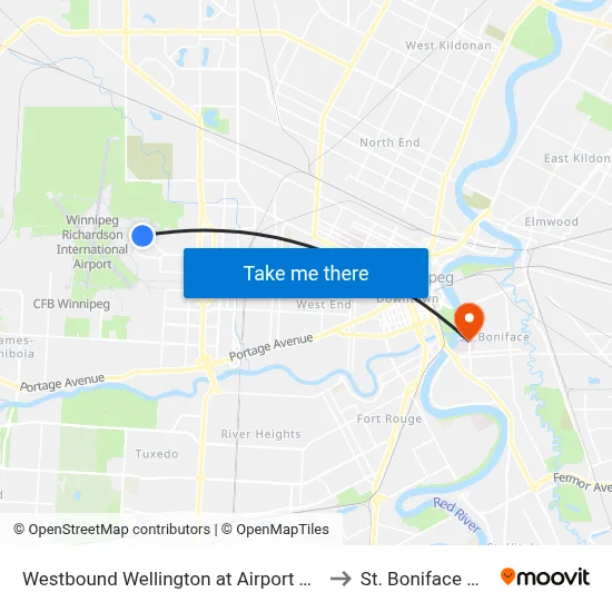 Westbound Wellington at Airport Terminal (D13) to St. Boniface Hospital map