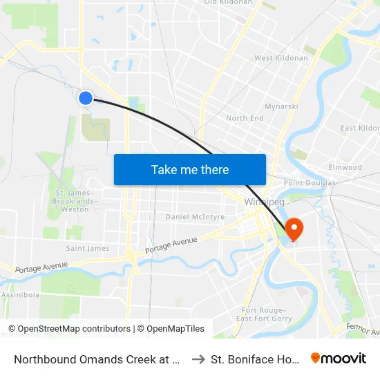 Northbound Omands Creek at Winfield to St. Boniface Hospital map