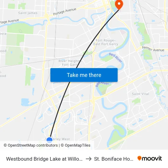 Westbound Bridge Lake at Willow Creek to St. Boniface Hospital map