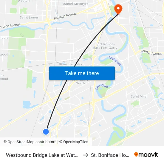 Westbound Bridge Lake at Water Bend to St. Boniface Hospital map