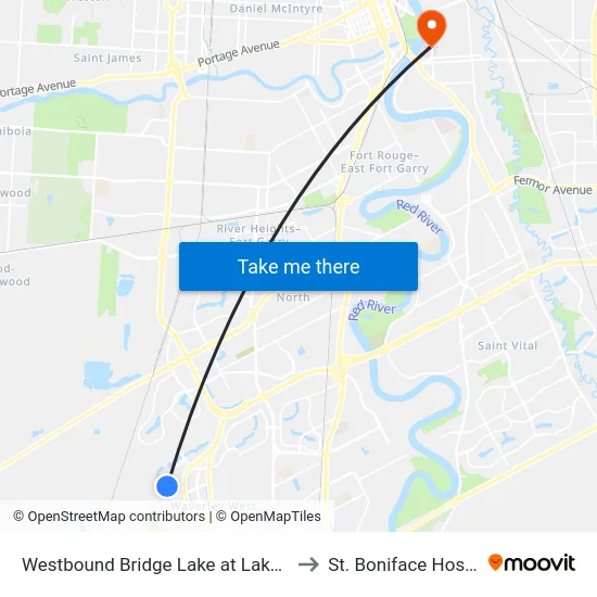 Westbound Bridge Lake at Lake Bend to St. Boniface Hospital map