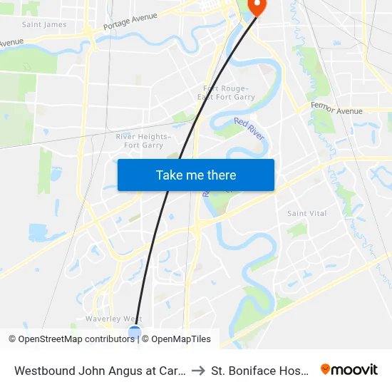 Westbound John Angus at Caribou to St. Boniface Hospital map