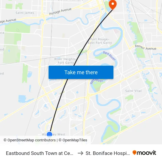 Eastbound South Town at Centre to St. Boniface Hospital map