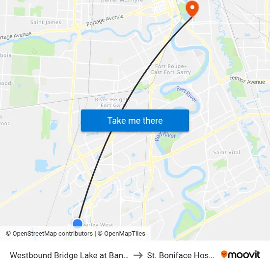 Westbound Bridge Lake at Bankfield to St. Boniface Hospital map