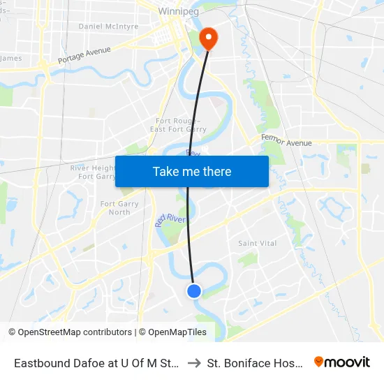 Eastbound Dafoe at U Of M Station to St. Boniface Hospital map
