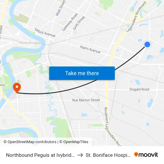 Northbound Peguis at Ivybridge to St. Boniface Hospital map