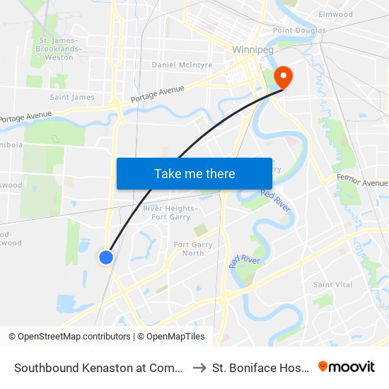 Southbound Kenaston at Commerce to St. Boniface Hospital map