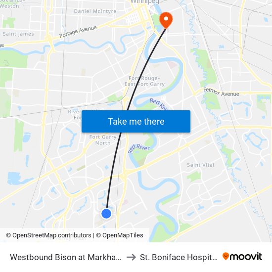 Westbound Bison at Markham to St. Boniface Hospital map