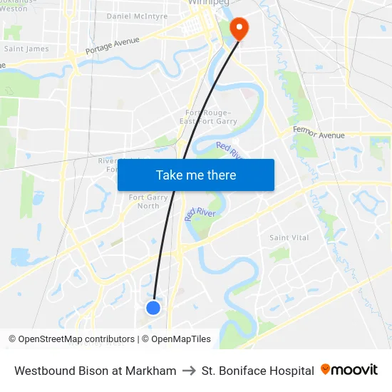 Westbound Bison at Markham to St. Boniface Hospital map