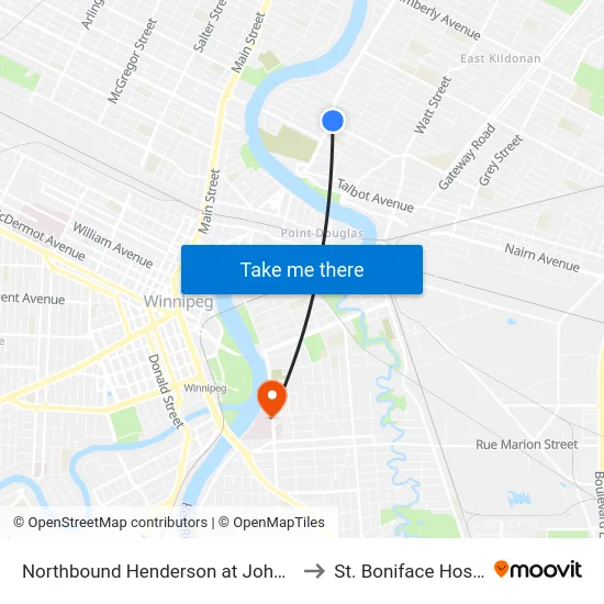 Northbound Henderson at Johnson N. to St. Boniface Hospital map