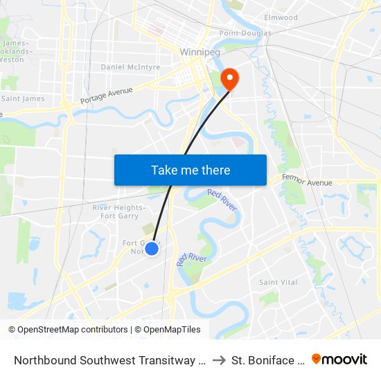 Northbound Southwest Transitway at Clarence Station to St. Boniface Hospital map