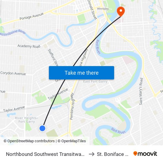 Northbound Southwest Transitway at Seel Station to St. Boniface Hospital map