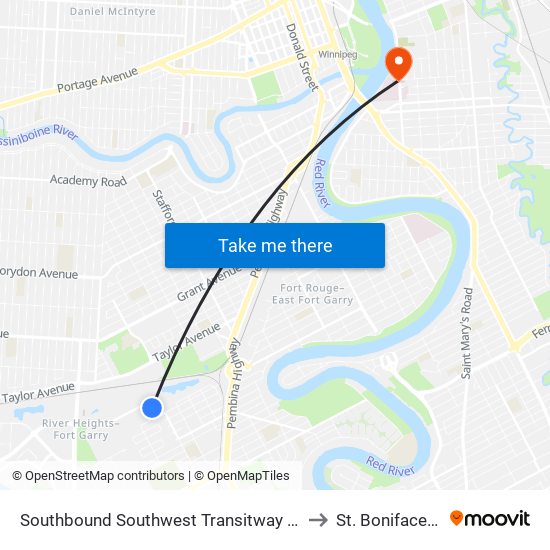 Southbound Southwest Transitway at Beaumont Station to St. Boniface Hospital map