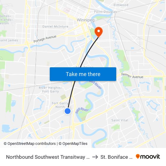 Northbound Southwest Transitway at Chevrier Station to St. Boniface Hospital map