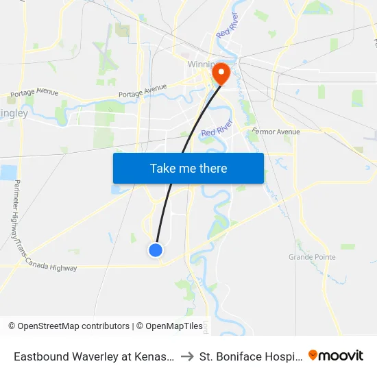 Eastbound Waverley at Kenaston to St. Boniface Hospital map