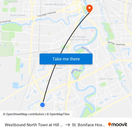 Westbound North Town at Hill Grove to St. Boniface Hospital map