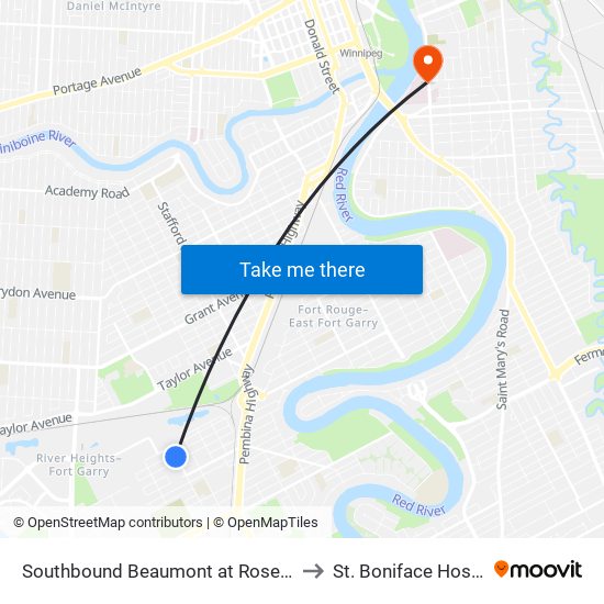 Southbound Beaumont at Rosemount to St. Boniface Hospital map